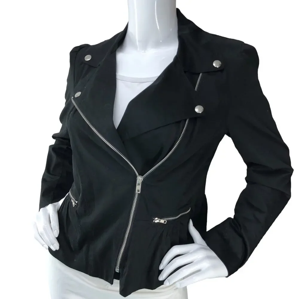 Sandro Womens Size S Biker Jacket Asymmetrical Cotton Zip Pockets Black